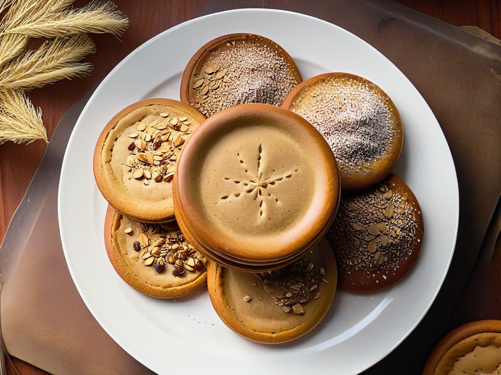  A closeup, ultradetailed image of a freshly baked batch of goldenbrown flaxseedinfused cookies, arranged neatly on a sleek, modern ceramic plate. The cookies are sprinkled with a light dusting of ground flaxseeds, showcasing their wholesome and nutritious ingredient. The lighting is soft, casting gentle shadows that highlight the texture of the cookies, with a subtle steam rising from the warm treats, evoking a sense of freshness and homemade comfort. This minimalist image captures the essence of using flaxseeds in baking, appealing to the audience's desire for both health benefits and delicious treats. hyperrealistic, full body, detailed clothing, highly detailed, cinematic lighting, stunningly beautiful, intricate, sharp focus, f/1. 8, 85mm, (centered image composition), (professionally color graded), ((bright soft diffused light)), volumetric fog, trending on instagram, trending on tumblr, HDR 4K, 8K