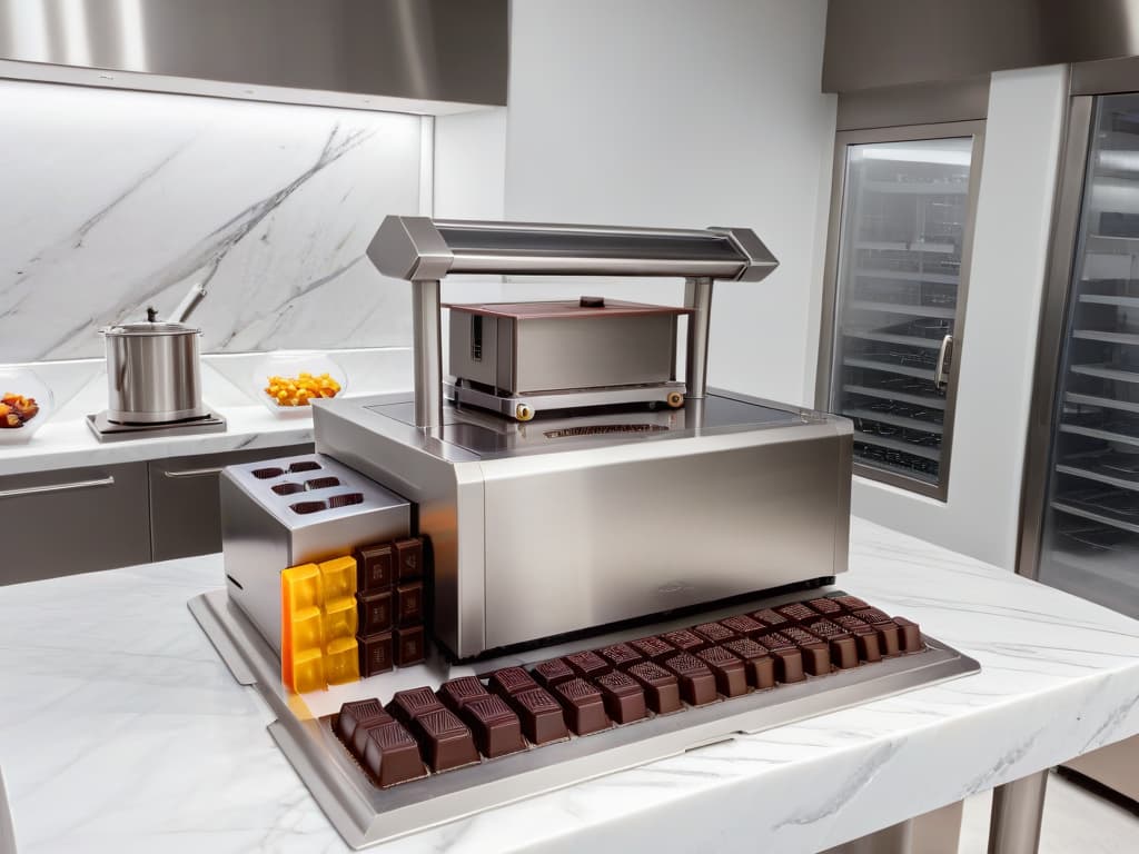  A minimalist image of a sleek, stainless steel chocolate tempering machine surrounded by an array of artisanal chocolate molds in various shapes and sizes, set against a backdrop of a pristine white marble countertop. The machine emits a soft, warm glow, highlighting its advanced technology, while the molds showcase intricate designs that hint at the endless creative possibilities of working with chocolate. hyperrealistic, full body, detailed clothing, highly detailed, cinematic lighting, stunningly beautiful, intricate, sharp focus, f/1. 8, 85mm, (centered image composition), (professionally color graded), ((bright soft diffused light)), volumetric fog, trending on instagram, trending on tumblr, HDR 4K, 8K