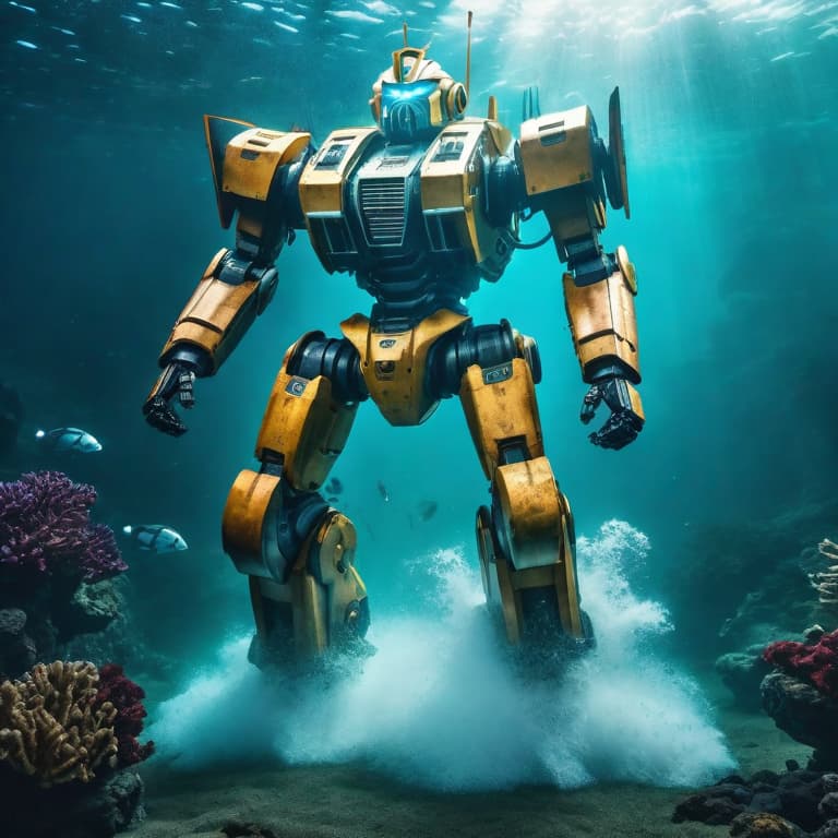  Giant robots fighting underwater hyperrealistic, full body, detailed clothing, highly detailed, cinematic lighting, stunningly beautiful, intricate, sharp focus, f/1. 8, 85mm, (centered image composition), (professionally color graded), ((bright soft diffused light)), volumetric fog, trending on instagram, trending on tumblr, HDR 4K, 8K