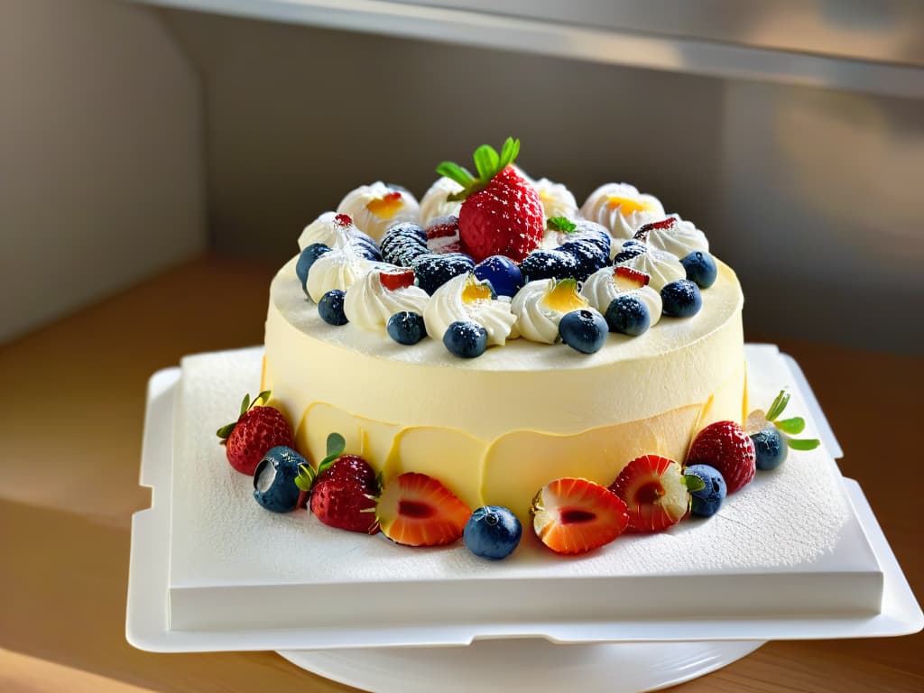  A photorealistic image of a threetiered Tres Leches cake, perfectly moist and decadent, with a smooth and creamy white frosting cascading down the sides. The cake is garnished with fresh strawberries, blueberries, and mint leaves, set on a pristine white cake stand against a soft focus background of a bustling bakery kitchen, with stainless steel appliances and a chef in a crisp white uniform putting the finishing touches on another dessert in the background. The lighting is warm and inviting, highlighting the glossy sheen of the cake and the vibrant colors of the fruits. hyperrealistic, full body, detailed clothing, highly detailed, cinematic lighting, stunningly beautiful, intricate, sharp focus, f/1. 8, 85mm, (centered image composition), (professionally color graded), ((bright soft diffused light)), volumetric fog, trending on instagram, trending on tumblr, HDR 4K, 8K