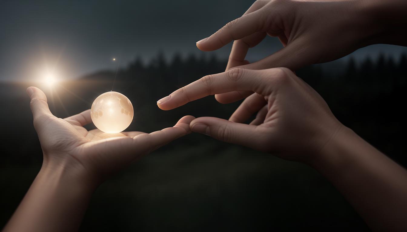  cinematic, aesthetic, Open hands reaching towards a distant, glowing orb, hands detailed with delicate skin texture, orb radiant, shrouded in mist, hands expressing longing, hope, vulnerability, 4k, HDR, lens flare