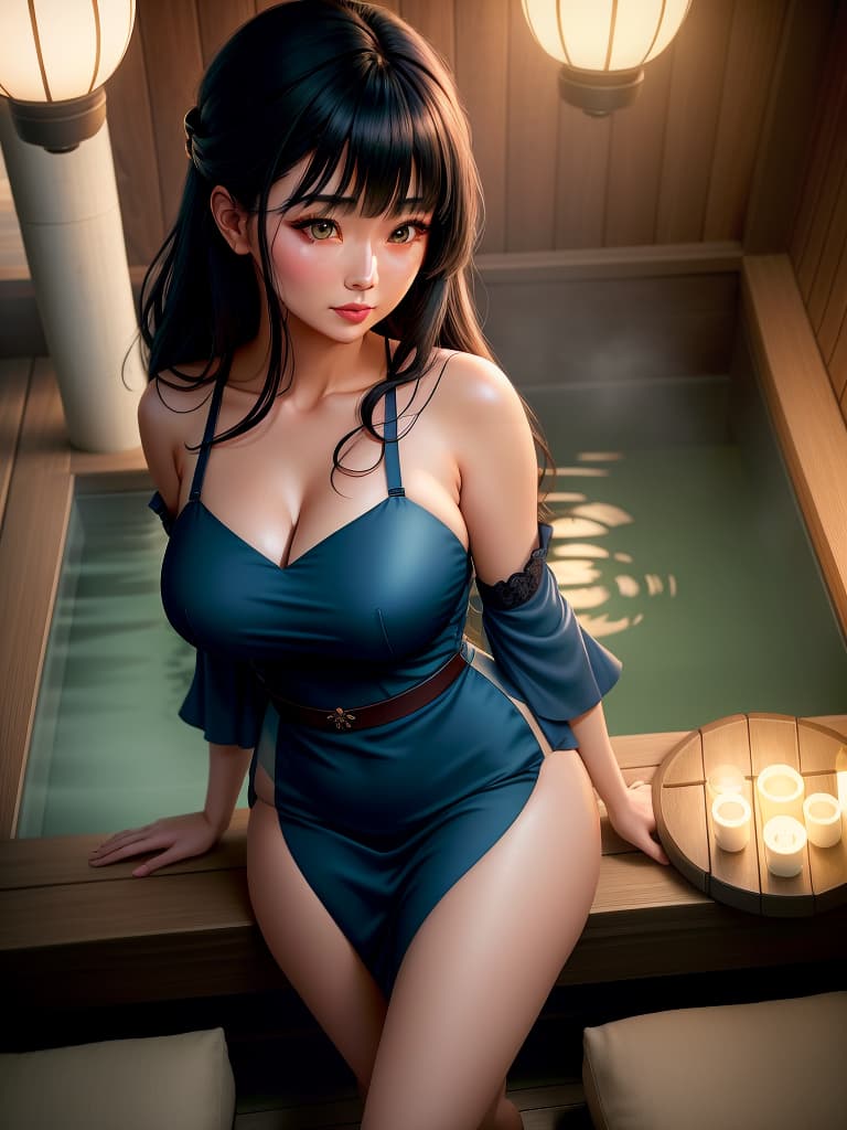  An cute and anime wearing blue china dress, black mid length hair with bangs, bare shoulders, bare arms, exudes feminine charm, greeny eyes with attractive lashes, full subtle mauve lipstick, large s covered by curved fit dress, blush, expression on face Background:modern Japanese onsen design, hot spring pool with wooden edges, natural rock formations, soft lighting from overhead fixtures, gl walls a dense forest view, tranquil and private atmosphere, wooden stairs leading to a relaxation area, contemporary architecture with traditional influences, evening ambiance with a calm and luxurious feel. hyperrealistic, full body, detailed clothing, highly detailed, cinematic lighting, stunningly beautiful, intricate, sharp focus, f/1. 8, 85mm, (centered image composition), (professionally color graded), ((bright soft diffused light)), volumetric fog, trending on instagram, trending on tumblr, HDR 4K, 8K