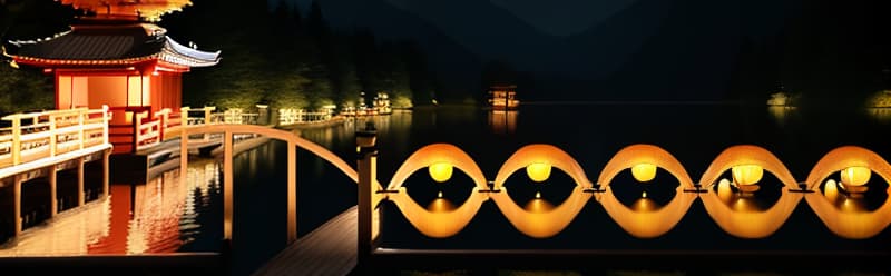  masterpiece, best quality, (Fidelity: 1.4), Best Quality, Masterpiece, Ultra High Resolution, 8k resolution, A night view inspired by Japanese art, featuring a garden illuminated by paper lanterns and a wooden bridge spanning a tranquil lake, by the lakeside, there is a small Zen temple. The water reflects the starry sky.