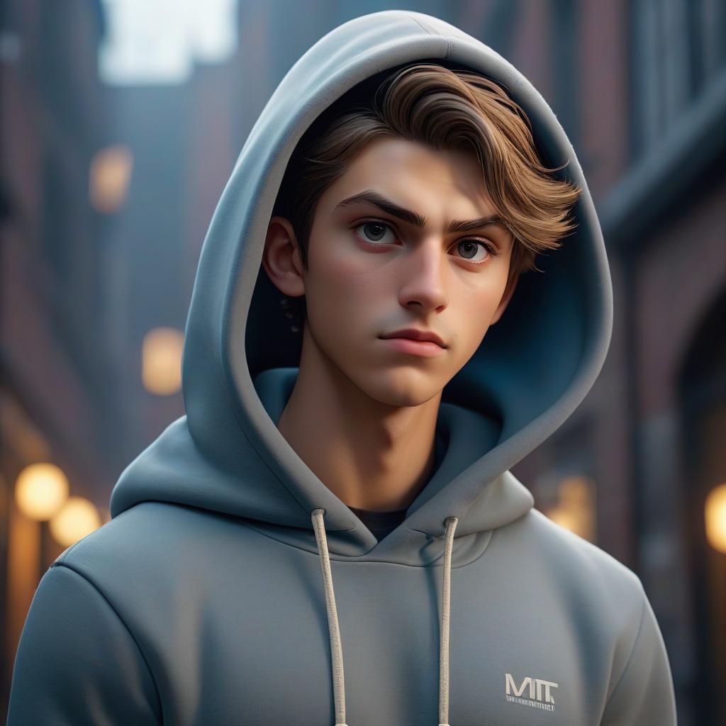  A photo from the yearbook of a boy in an arts school's hoodie. hyperrealistic, full body, detailed clothing, highly detailed, cinematic lighting, stunningly beautiful, intricate, sharp focus, f/1. 8, 85mm, (centered image composition), (professionally color graded), ((bright soft diffused light)), volumetric fog, trending on instagram, trending on tumblr, HDR 4K, 8K