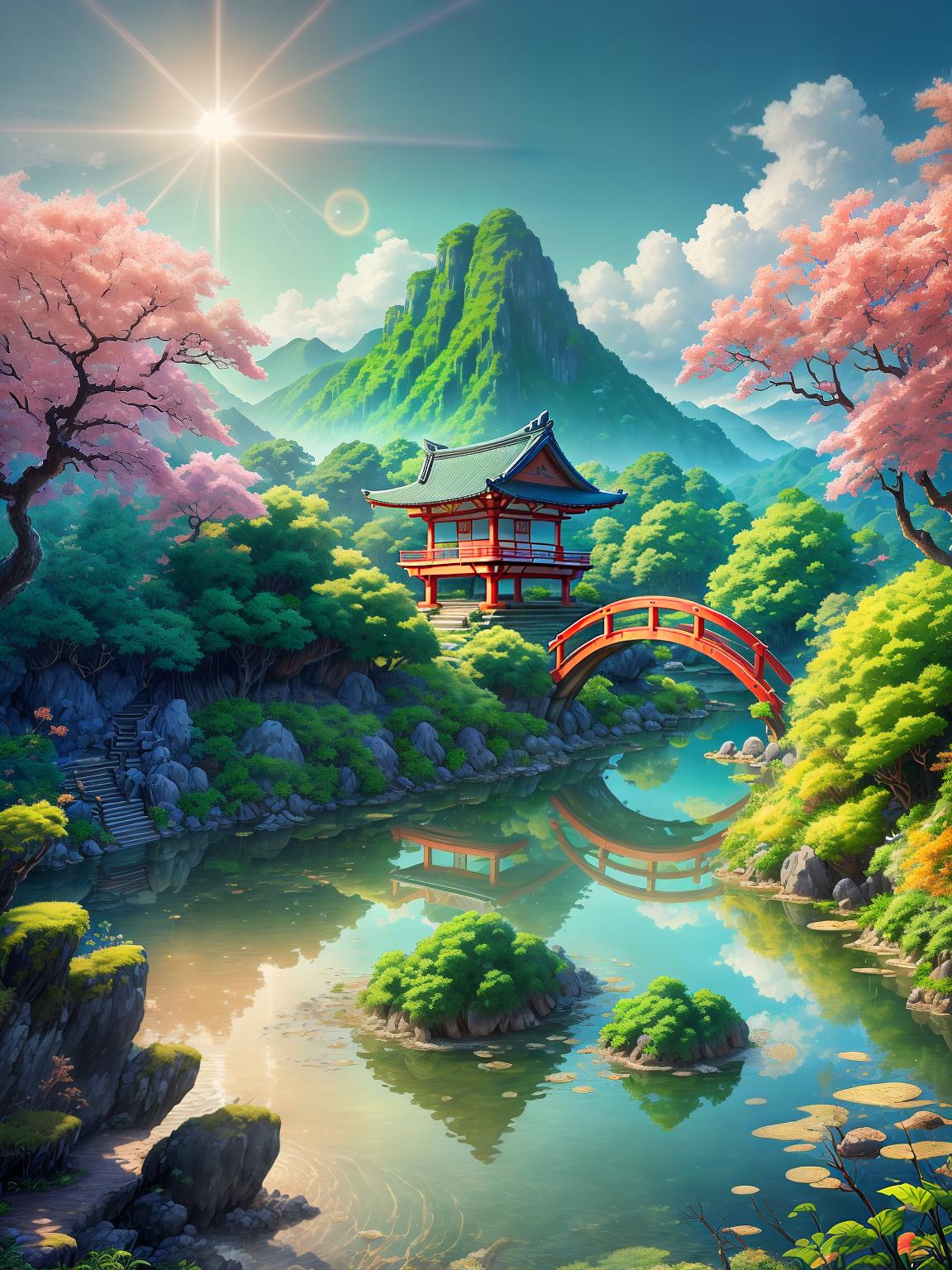  master piece, best quality, ultra detailed, highres, 4k.8k, A man, Raising the island of Shimane, Confident, BREAK Empowerment and natural beauty., Fields of Shimane, Green filter, energy drink bottles, rice fields, Torii gate, BREAK Serene and tranquil, Soft lighting, lens flare, vibrant colors, uplifting vibe, crystallineAI
