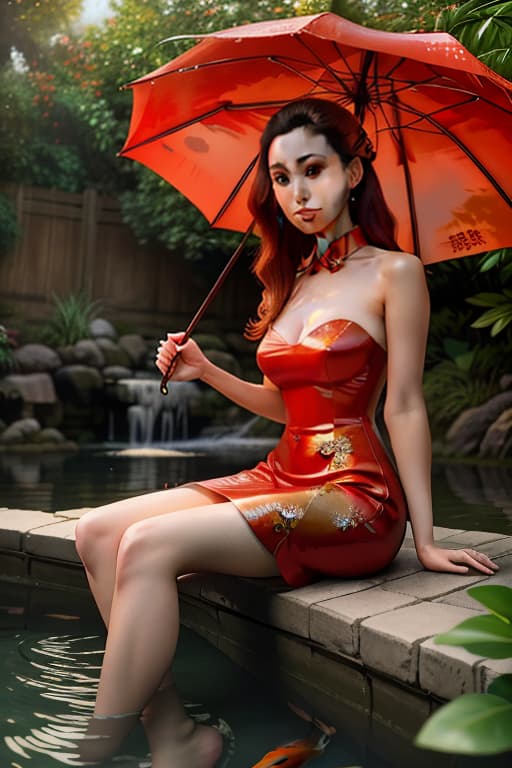  (Masterpiece),(extremely complex: 1.3),(realistic), sitting under a high red wall, Red koi fish, lovely big almond eyes, crystal and shiny pond, feet barefoot into the water, open a vintage red umbrella, wear a gorgeous red dress, clear water, photos of beauty goddess features, ancient hair, Chinese actor Liu Yifei photos, movie lighting,(film grain),8K realistic, movie lighting, HD, high detail,art station, half, head shot in HD, movie stills, stunning photography, super realistic, super detailed,4K Ultra HD images hyperrealistic, full body, detailed clothing, highly detailed, cinematic lighting, stunningly beautiful, intricate, sharp focus, f/1. 8, 85mm, (centered image composition), (professionally color graded), ((bright soft diffused light)), volumetric fog, trending on instagram, trending on tumblr, HDR 4K, 8K