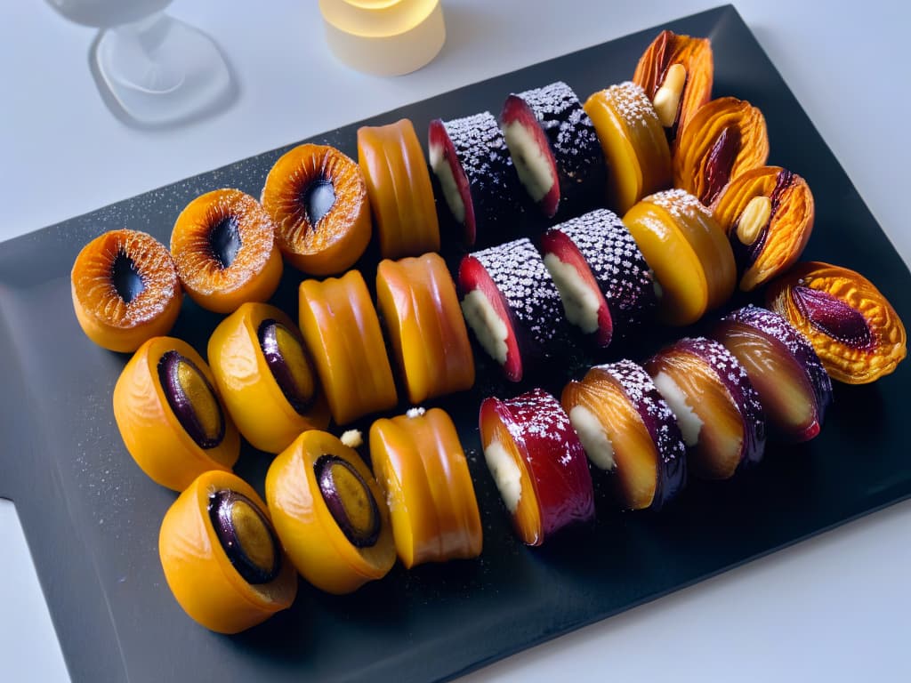  A closeup, ultradetailed image of a platter of exquisite date delicacies arranged in an elegant, minimalist style. The dates are perfectly stuffed, rolled, or dipped, showcasing a variety of innovative recipes with intricate garnishes like edible gold flakes, delicate flower petals, and finely chopped nuts. The colors are rich and inviting, with a soft, natural lighting that highlights the textures and flavors of each unique delicacy. The presentation is sleek and modern, exuding sophistication and creativity in every detail. hyperrealistic, full body, detailed clothing, highly detailed, cinematic lighting, stunningly beautiful, intricate, sharp focus, f/1. 8, 85mm, (centered image composition), (professionally color graded), ((bright soft diffused light)), volumetric fog, trending on instagram, trending on tumblr, HDR 4K, 8K