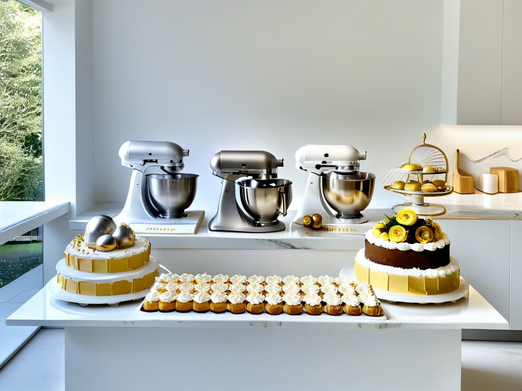  An ultradetailed image of a sleek, modern kitchen adorned with highend baking equipment such as stand mixers, marble countertops, and elegant cake stands. The image showcases a pristine workspace with a calming color palette of whites, soft grays, and touches of gold accents. The lighting is soft, casting gentle shadows that highlight the textures of the ingredients and tools on the counter. The overall aesthetic is minimalistic, exuding a sense of sophistication and professionalism, perfect for inspiring aspiring pastry chefs pursuing online certifications. hyperrealistic, full body, detailed clothing, highly detailed, cinematic lighting, stunningly beautiful, intricate, sharp focus, f/1. 8, 85mm, (centered image composition), (professionally color graded), ((bright soft diffused light)), volumetric fog, trending on instagram, trending on tumblr, HDR 4K, 8K