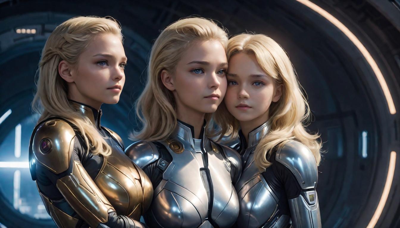  2girls, large busted attractive blonde arian female humanoids, embracing under a celestial light, mood of support and care, high tech clothing clad in sleek, futuristic costume with metallic accents and form fitting designs, marvel superhero comics style, unreal engine rendering