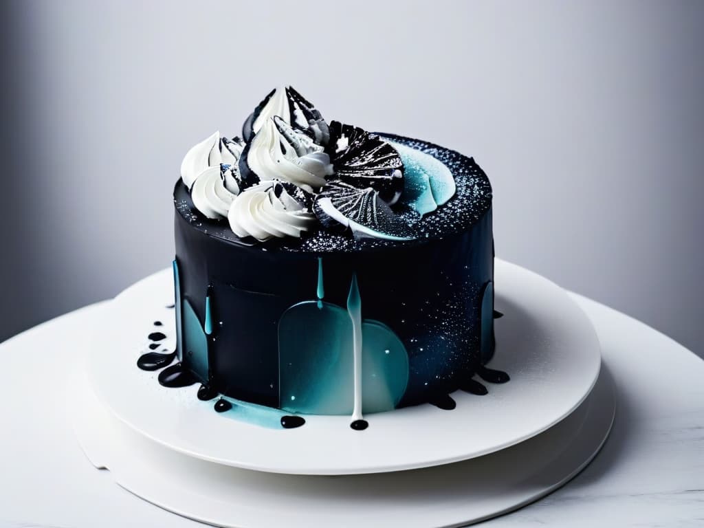  An image of a sleek, minimalist black and white geometric cake with vibrant, abstract splashes of color cascading down its sides. The cake is displayed on a simple, elegant white platter against a stark black backdrop, highlighting the bold and daring flavors of modern pastry art. hyperrealistic, full body, detailed clothing, highly detailed, cinematic lighting, stunningly beautiful, intricate, sharp focus, f/1. 8, 85mm, (centered image composition), (professionally color graded), ((bright soft diffused light)), volumetric fog, trending on instagram, trending on tumblr, HDR 4K, 8K