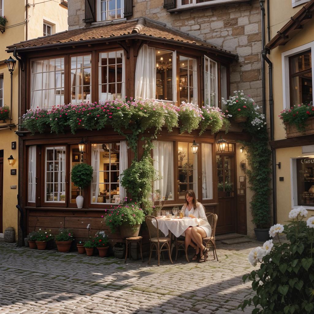  Ultra realistic image of a small café terrace in a quaint European village at morning. The café has a few wooden tables with red and white checkered tablecloths, freshly brewed coffee and croissants on the tables. Cobblestone streets and old, colorful buildings surround the café, with flowers in window boxes. The morning light casts a soft glow, enhancing the quiet and cozy atmosphere. All elements must be perfectly drawn and detailed hyperrealistic, full body, detailed clothing, highly detailed, cinematic lighting, stunningly beautiful, intricate, sharp focus, f/1. 8, 85mm, (centered image composition), (professionally color graded), ((bright soft diffused light)), volumetric fog, trending on instagram, trending on tumblr, HDR 4K, 8K