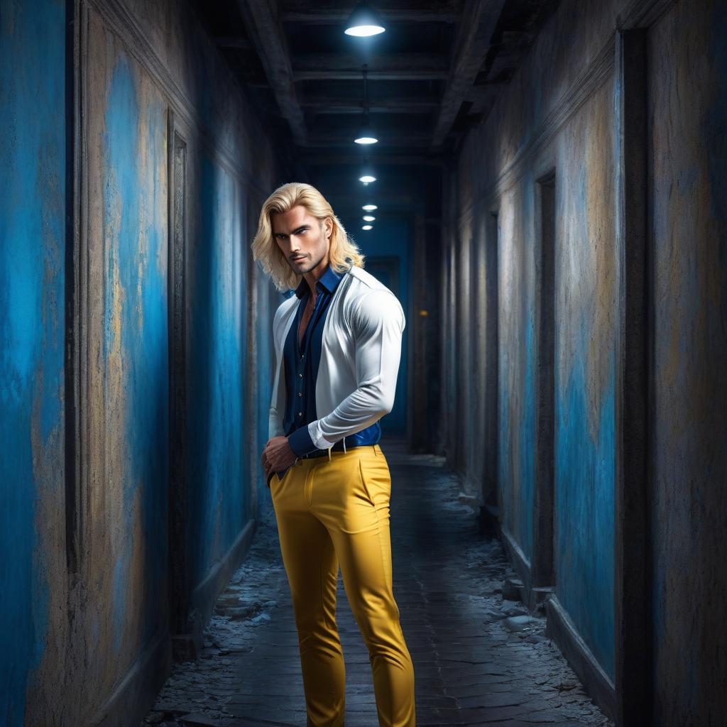  Realistically, a handsome man a blonde, a man with ears like foxes, long hair, a man with yellow eyes, and trousers, leaning his back against the wall of a corridor lit by blue spotlights, sharp focus, bright clear eyes, well drawn details, bright colorful eyes, beautiful portrait illustration, portrait in the style of fantasy, blue and white splashes, bright colors, colorful eyes, fantasy art, intricate design, highly detailed, sharp focus, 8k, high resolution, elegant. hyperrealistic, full body, detailed clothing, highly detailed, cinematic lighting, stunningly beautiful, intricate, sharp focus, f/1. 8, 85mm, (centered image composition), (professionally color graded), ((bright soft diffused light)), volumetric fog, trending on instagram, trending on tumblr, HDR 4K, 8K