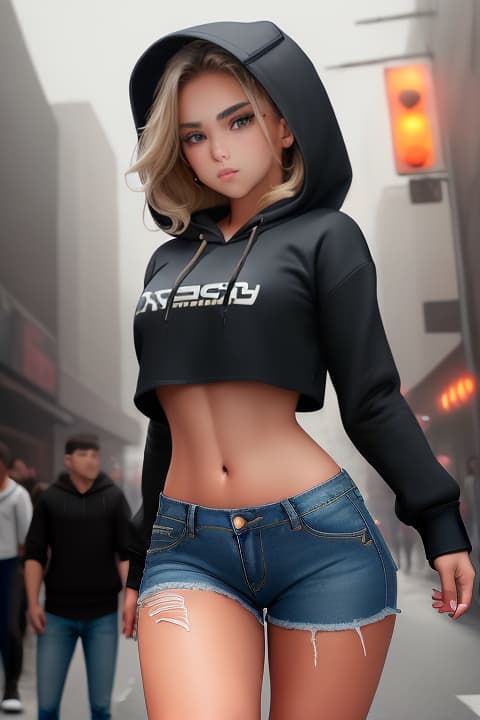  ((extremely beautiful:1.5)), ((12 year old in a cropped hoodie and ripped jeans:1.3)), ((flat chested:1.3)), ((fighting an man in the streets)), 1girl,, detailed eyes, hyperrealistic, full body, highly detailed, cinematic lighting, intricate, sharp focus, f/1. 8, 85mm, (centered image composition), (professionally color graded), ((bright soft diffused light)), volumetric fog, trending on instagram, HDR 4K, 8K