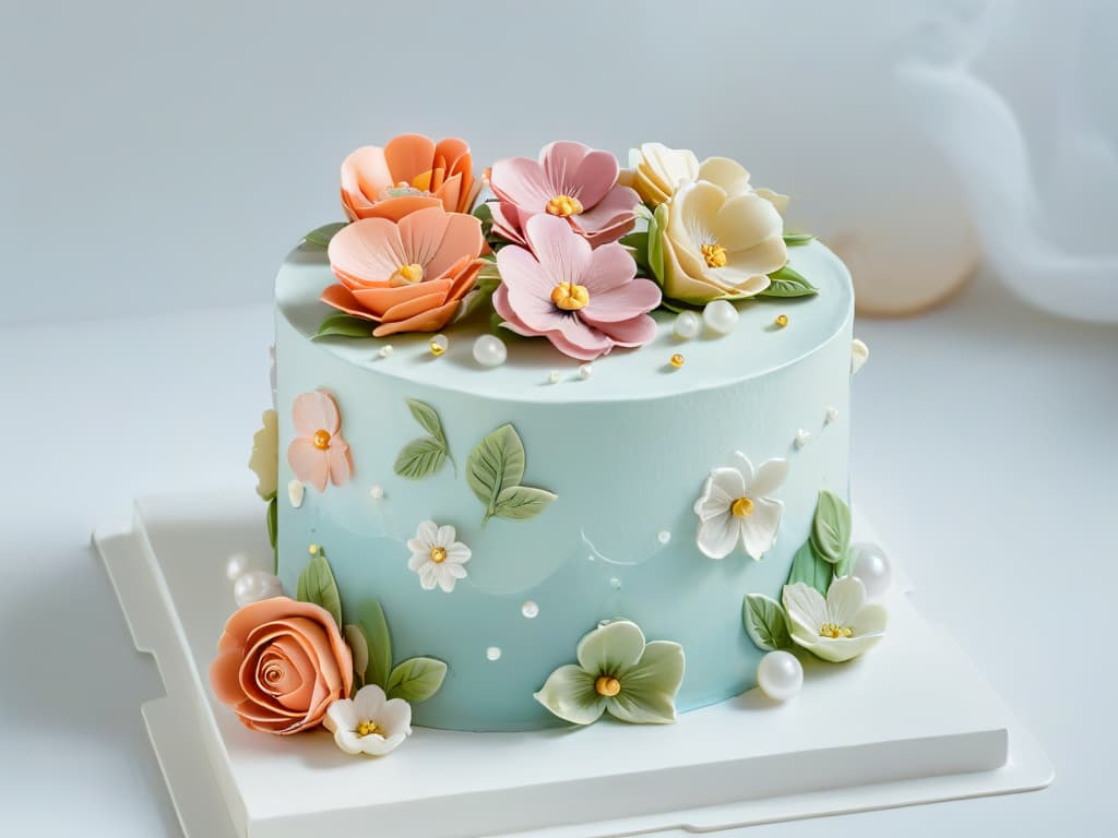  A closeup, ultradetailed image of a beautifully decorated cake featuring intricate fondant flowers in various shades of pastel colors, with delicate sugar pearls and gold leaf accents, all set against a pristine white background to highlight the exquisite craftsmanship and artistry. hyperrealistic, full body, detailed clothing, highly detailed, cinematic lighting, stunningly beautiful, intricate, sharp focus, f/1. 8, 85mm, (centered image composition), (professionally color graded), ((bright soft diffused light)), volumetric fog, trending on instagram, trending on tumblr, HDR 4K, 8K