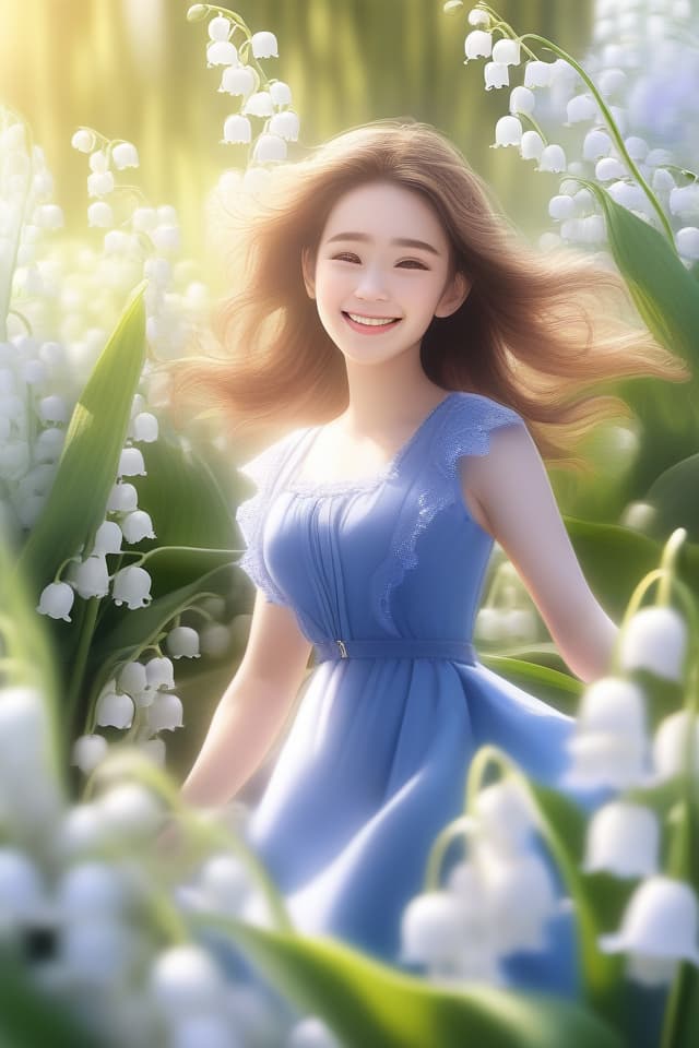  (Lily of the Valley) (Wearing Blue Dress) , SMILING, in Field of Bellflowers, Sun Through Trees, High Quality, 8K, 16k