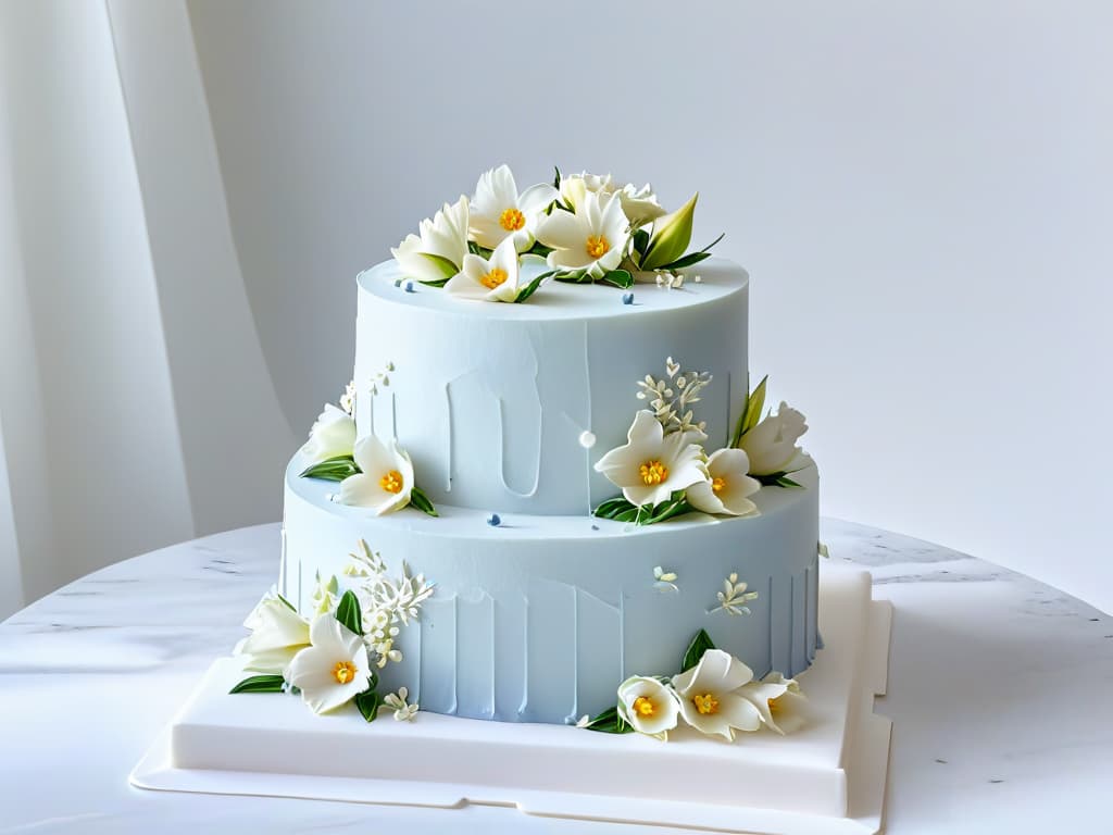  A stunning, minimalist image showcasing a perfectly frosted threetiered cake adorned with delicate sugar flowers and elegant piping details. The cake is displayed on a sleek marble countertop, with soft, natural light illuminating the scene to highlight the intricate craftsmanship and artistry of the cake decoration. The simplicity of the composition allows the viewer to focus on the exquisite details and expert techniques, serving as a visual representation of the professional and inspiring cake decorating skills showcased in the article. hyperrealistic, full body, detailed clothing, highly detailed, cinematic lighting, stunningly beautiful, intricate, sharp focus, f/1. 8, 85mm, (centered image composition), (professionally color graded), ((bright soft diffused light)), volumetric fog, trending on instagram, trending on tumblr, HDR 4K, 8K