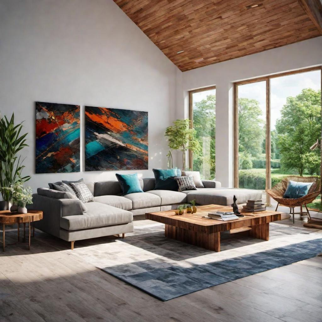  with vibrant abstract elements, decorated modern country house interior, trending on artstation, HDR, 8k, light reflections