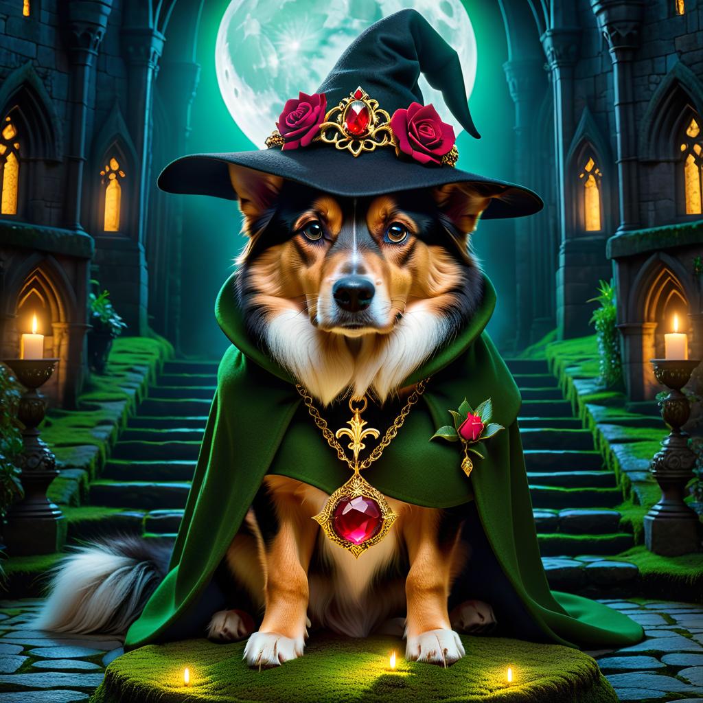  gothic style (Background):Moonlit night spires of an ancient stone building between the stones of which moss grows. At the bottom of a stone staircase, a dog sits on a wide platform. In front of him is a golden magic circle. (Dog): black brown with golden underparts, with green eyes. He is wearing a black cloak with a rose pin. On his head is a hat with a gold buckle and a red rosebud. Around his neck is a golden magic pendant with a red gemstone. Translated with DeepL.com (free version) . dark, mysterious, haunting, dramatic, ornate, detailed, hkmagic hyperrealistic, full body, detailed clothing, highly detailed, cinematic lighting, stunningly beautiful, intricate, sharp focus, f/1. 8, 85mm, (centered image composition), (professionally color graded), ((bright soft diffused light)), volumetric fog, trending on instagram, trending on tumblr, HDR 4K, 8K