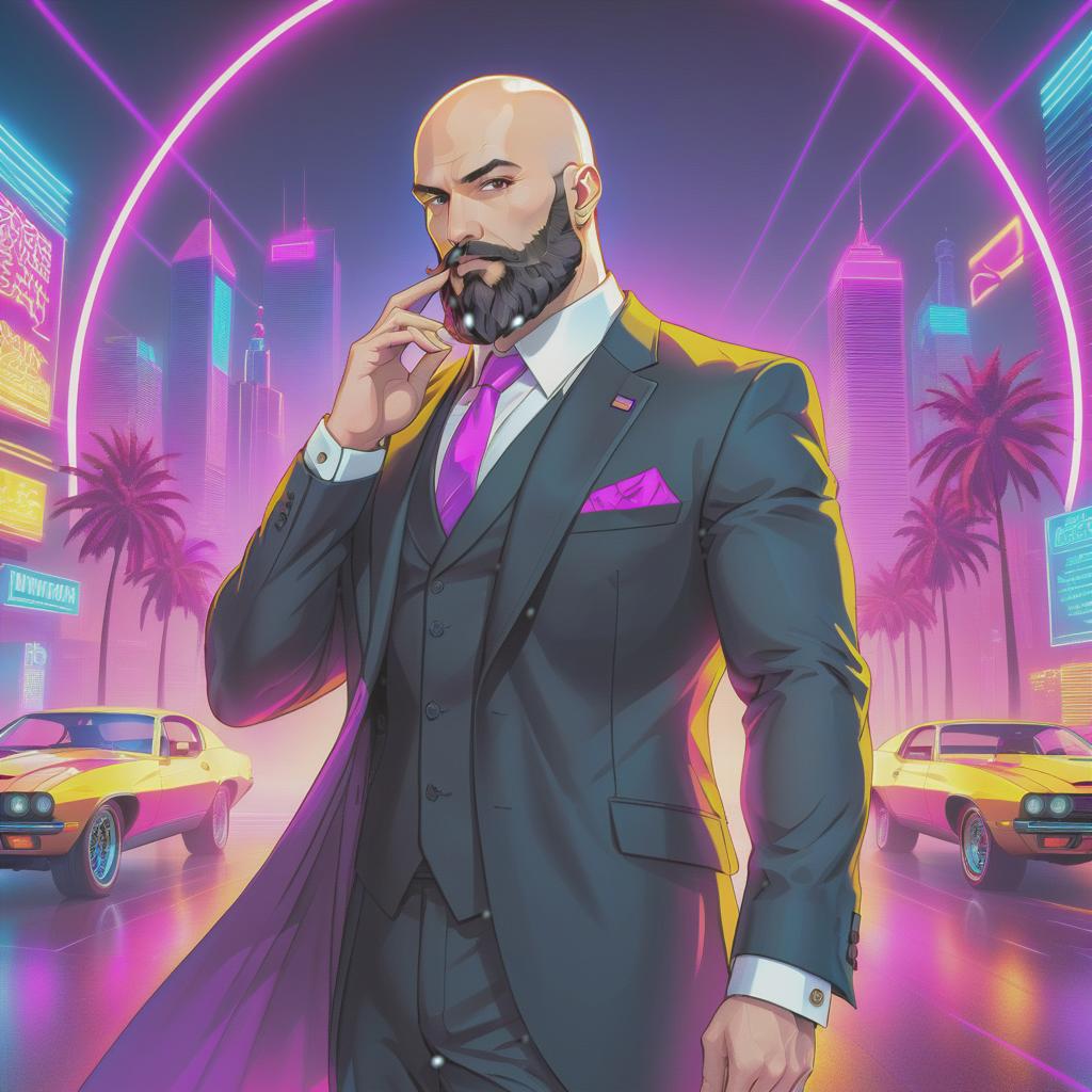  vaporwave style bald and bearded man in a black suit . retro aesthetic, cyberpunk, vibrant, neon colors, vintage 80s and 90s style, highly detailed hyperrealistic, full body, detailed clothing, highly detailed, cinematic lighting, stunningly beautiful, intricate, sharp focus, f/1. 8, 85mm, (centered image composition), (professionally color graded), ((bright soft diffused light)), volumetric fog, trending on instagram, trending on tumblr, HDR 4K, 8K