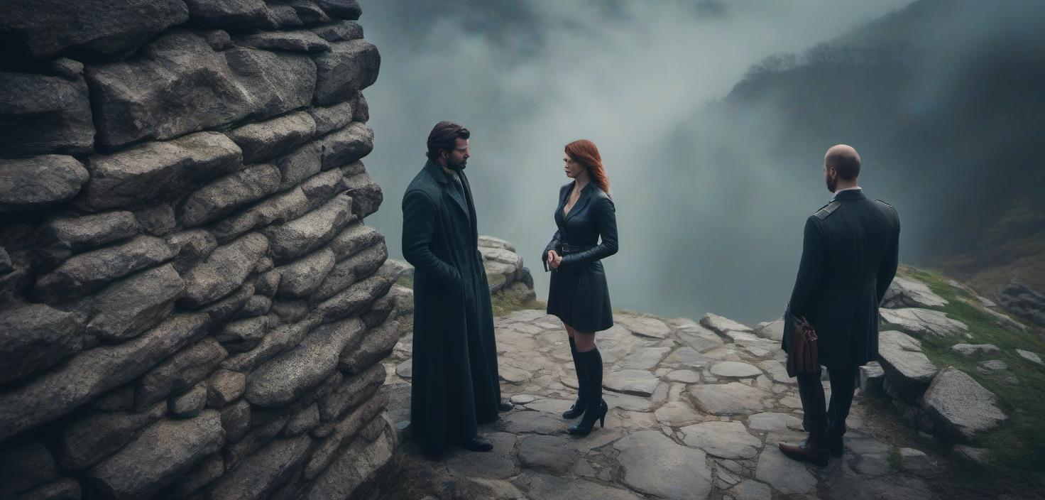  A view from above. A stone wall stands between a man and a woman. hyperrealistic, full body, detailed clothing, highly detailed, cinematic lighting, stunningly beautiful, intricate, sharp focus, f/1. 8, 85mm, (centered image composition), (professionally color graded), ((bright soft diffused light)), volumetric fog, trending on instagram, trending on tumblr, HDR 4K, 8K