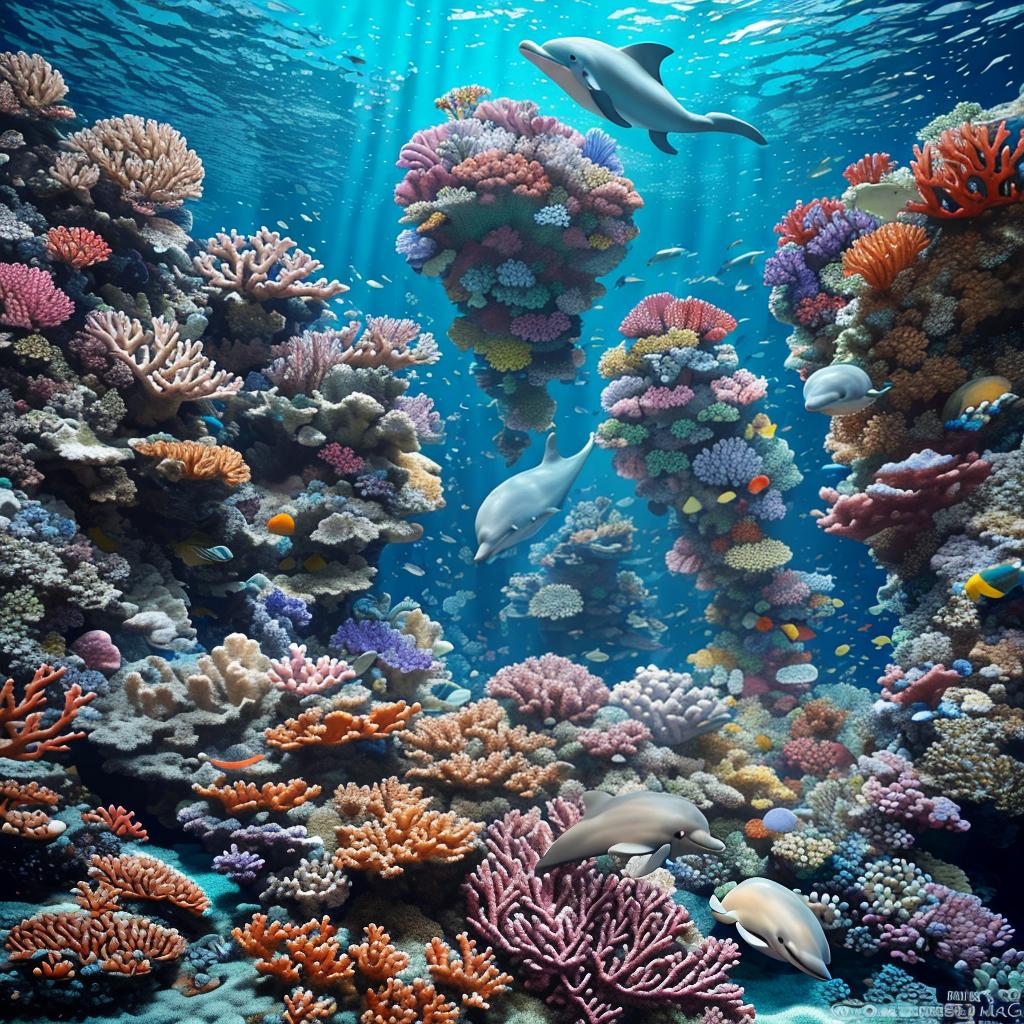  masterpiece, best quality, Most Beautiful in deep sea teeming with vibrant corals, diverse marine life, and enchanting underwater landscapes, full of corals, acrophore, small fishes, anemones, dolphin, various algaes, caves, colorful,all captured in stunning 8k resolution with intricate details.