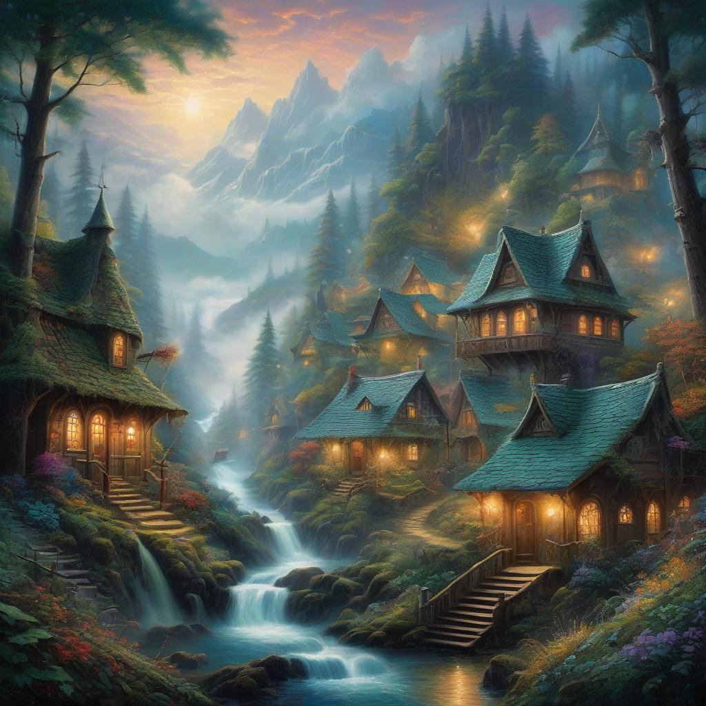  A surreal, detailed painting featuring a village in an eerie forest with symbolic elements. The artwork includes intricate textures, nature inspired colors, and whimsical touches in a multi layered, surreal style reminiscent of renowned artists.ethereal fantasy hyperdetailed mist Thomas Kinkade hyperrealistic, full body, detailed clothing, highly detailed, cinematic lighting, stunningly beautiful, intricate, sharp focus, f/1. 8, 85mm, (centered image composition), (professionally color graded), ((bright soft diffused light)), volumetric fog, trending on instagram, trending on tumblr, HDR 4K, 8K