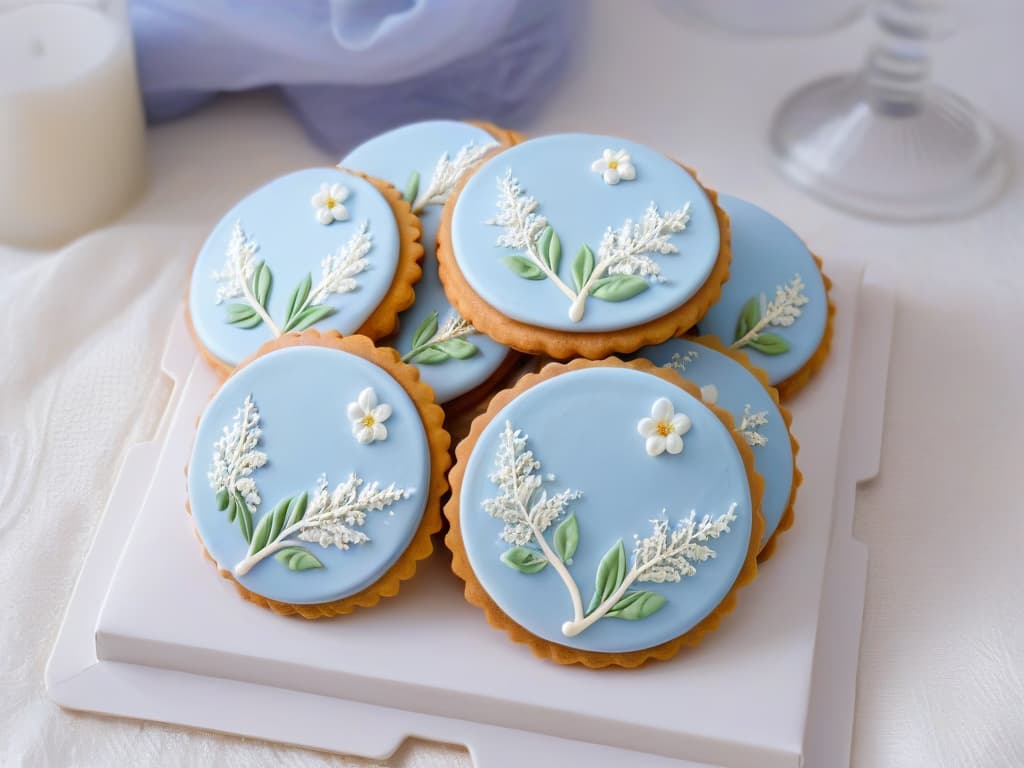  A closeup, photorealistic image of intricately decorated cookies showcasing advanced royal icing techniques. The cookies feature delicate lace designs, intricate piping details, and shimmering metallic accents, all expertly executed with precision and artistry. Each cookie is a miniature masterpiece, demonstrating the pinnacle of skill and creativity in royal icing decoration. The colors are vibrant and the textures are so lifelike that they almost seem to pop off the page, inspiring awe and admiration in viewers. hyperrealistic, full body, detailed clothing, highly detailed, cinematic lighting, stunningly beautiful, intricate, sharp focus, f/1. 8, 85mm, (centered image composition), (professionally color graded), ((bright soft diffused light)), volumetric fog, trending on instagram, trending on tumblr, HDR 4K, 8K