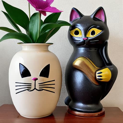  Retro mid century scary cat holding a flower vase