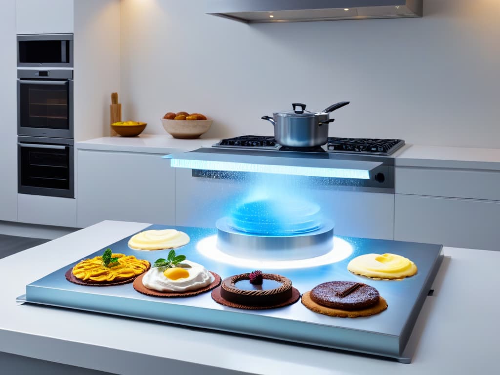  A highresolution, ultradetailed image of a sleek, modern kitchen filled with advanced augmented reality technology specifically designed for baking and pastry making. The image features futuristic holographic displays showing interactive recipes, virtual ingredients floating midair, and digital tools like mixers and ovens seamlessly integrated into the minimalist kitchen design. The color scheme is a sophisticated blend of cool metallic tones with subtle pops of pastel colors, creating a visually captivating and aspirational scene for aspiring bakers. hyperrealistic, full body, detailed clothing, highly detailed, cinematic lighting, stunningly beautiful, intricate, sharp focus, f/1. 8, 85mm, (centered image composition), (professionally color graded), ((bright soft diffused light)), volumetric fog, trending on instagram, trending on tumblr, HDR 4K, 8K