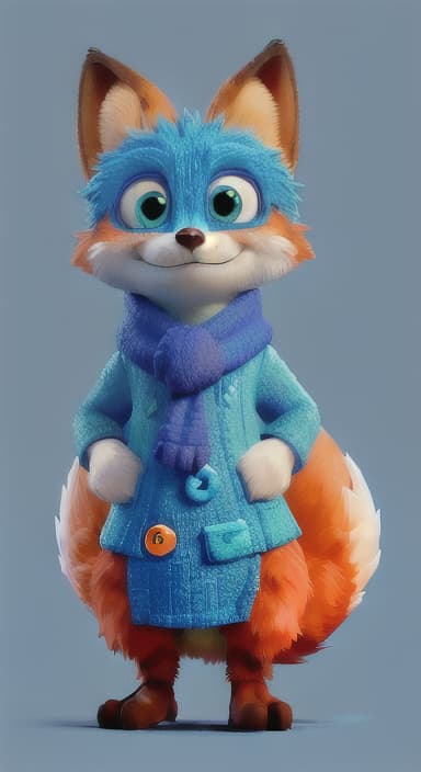  {Error the fox pressing the blue button with his paw, looking puzzled as nothing occurs., Error is a small, bright orange fox with a fluffy tail and big, inquisitive eyes. He has a mischievous yet kind expression and wears a tiny green scarf.