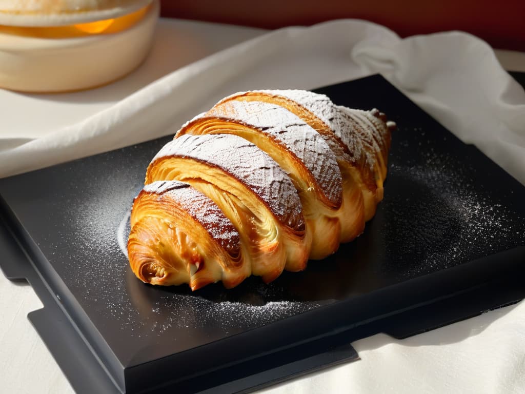  An ultradetailed closeup image of a perfectly goldenbrown croissant, perfectly flaky on the outside with delicate layers visible on the edges, placed on a sleek, modern black plate. The lighting is soft yet highlights the texture of the pastry, with a subtle hint of steam rising from the warm croissant, evoking a sense of freshness and artisanal craftsmanship. hyperrealistic, full body, detailed clothing, highly detailed, cinematic lighting, stunningly beautiful, intricate, sharp focus, f/1. 8, 85mm, (centered image composition), (professionally color graded), ((bright soft diffused light)), volumetric fog, trending on instagram, trending on tumblr, HDR 4K, 8K