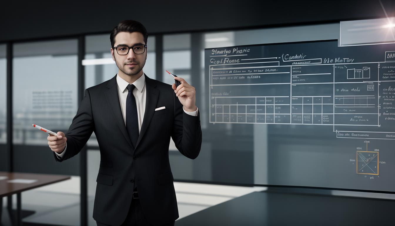  cinematic, aesthetic, Individual in smart attire, holding a whiteboard marker, pointing to a strategic plan on a glass board, focused expression, analytical, thoughtful, corporate setting, calculated, 4k, HDR, lens flare