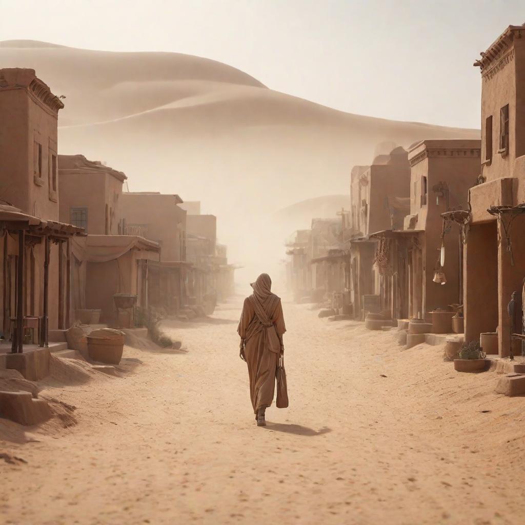  a city street in the desert with clay houses sand dust, cute, hyper detail, full HD hyperrealistic, full body, detailed clothing, highly detailed, cinematic lighting, stunningly beautiful, intricate, sharp focus, f/1. 8, 85mm, (centered image composition), (professionally color graded), ((bright soft diffused light)), volumetric fog, trending on instagram, trending on tumblr, HDR 4K, 8K