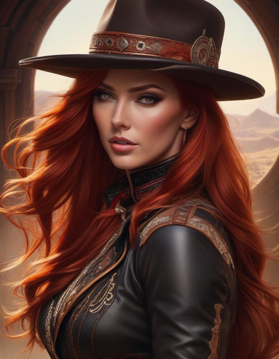  Art Deco style Wild west gunslinger, female, long red hair, beautiful face, wild west outlaw, portrait, clear details, crisp quality, cartoon style, art by artgerm, art by wlop . geometric shapes, bold colors, luxurious, elegant, decorative, symmetrical, ornate, detailed hyperrealistic, full body, detailed clothing, highly detailed, cinematic lighting, stunningly beautiful, intricate, sharp focus, f/1. 8, 85mm, (centered image composition), (professionally color graded), ((bright soft diffused light)), volumetric fog, trending on instagram, trending on tumblr, HDR 4K, 8K