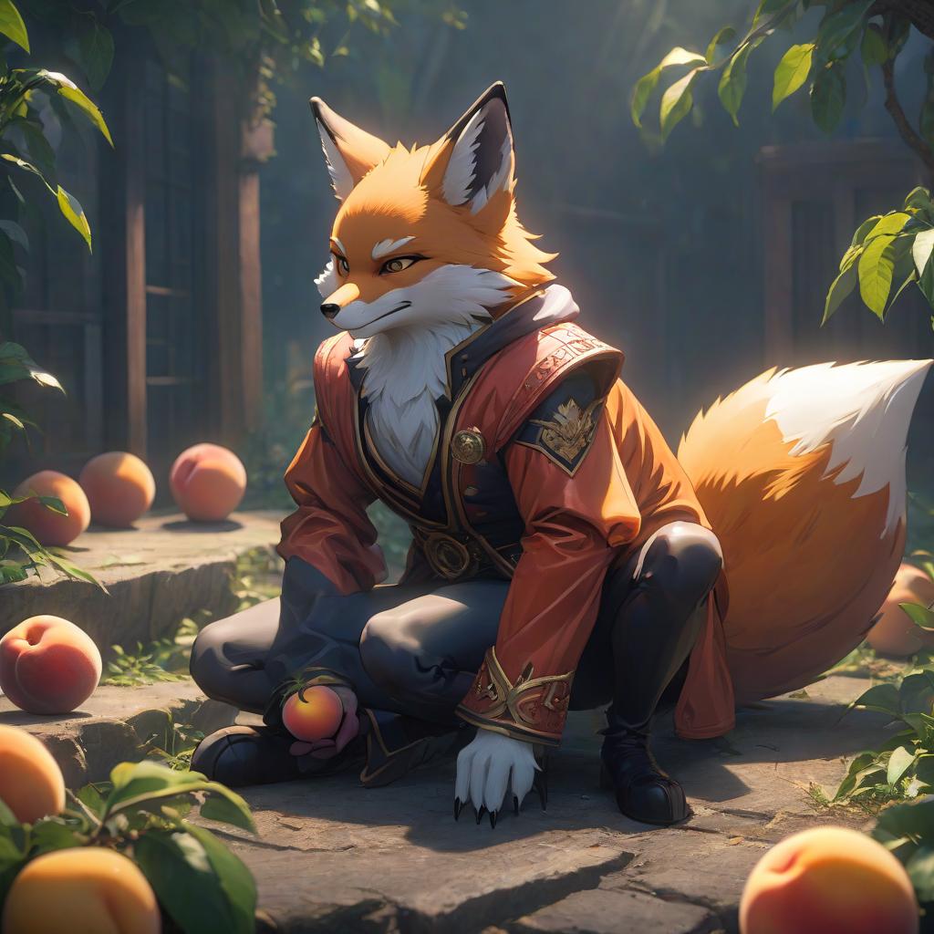  anime artwork An animated evil fox scratches a peach . anime style, key visual, vibrant, studio anime, highly detailed hyperrealistic, full body, detailed clothing, highly detailed, cinematic lighting, stunningly beautiful, intricate, sharp focus, f/1. 8, 85mm, (centered image composition), (professionally color graded), ((bright soft diffused light)), volumetric fog, trending on instagram, trending on tumblr, HDR 4K, 8K