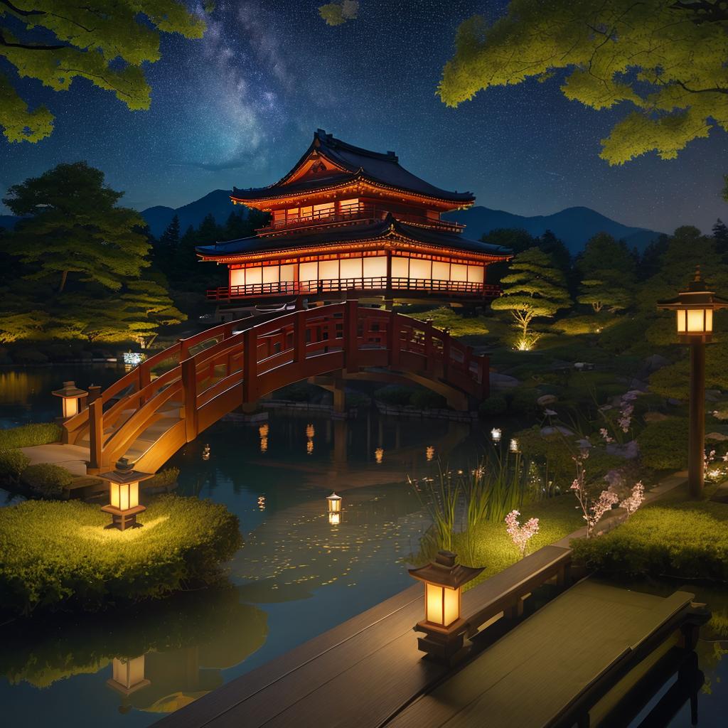  masterpiece, best quality, (Fidelity: 1.4), Best Quality, Masterpiece, Ultra High Resolution, 8k resolution, A night view inspired by Japanese art, featuring a garden illuminated by paper lanterns and a wooden bridge spanning a tranquil lake, by the lakeside, there is a small Zen temple. The water reflects the starry sky.