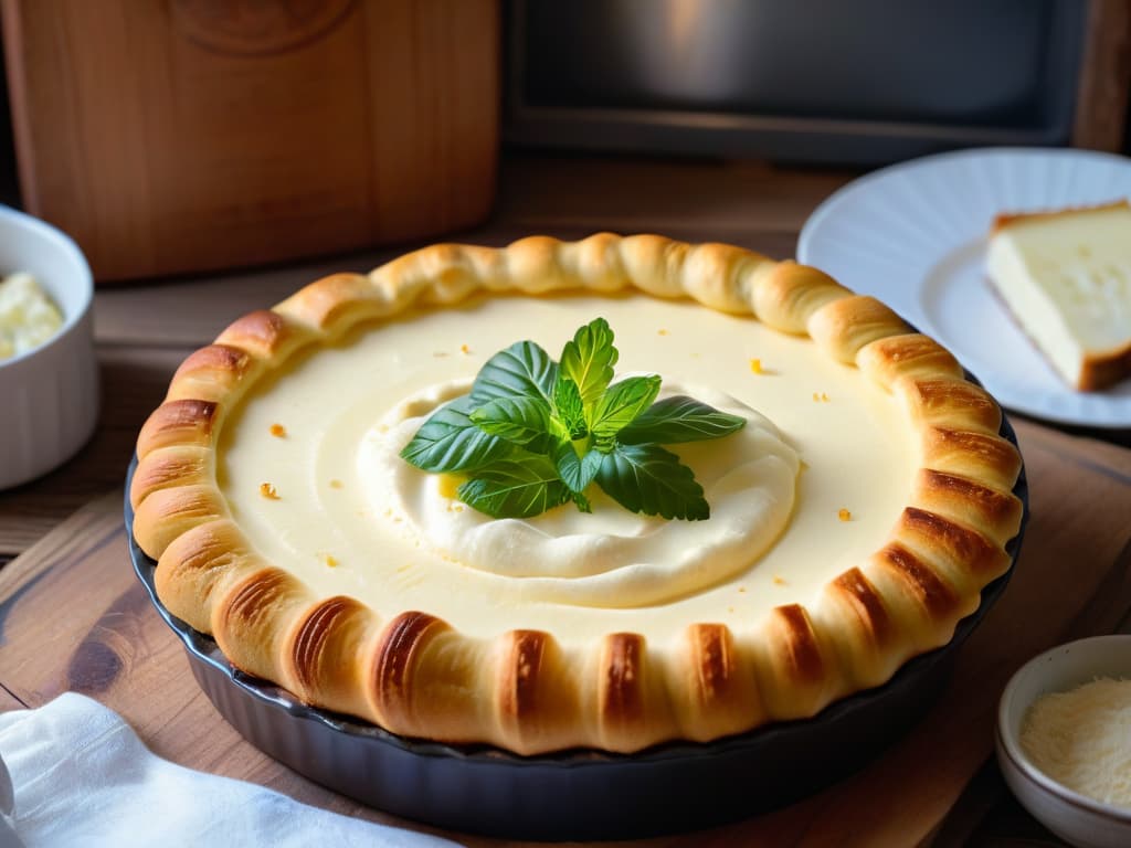  A photorealistic image of a freshly baked Mujabbana cheese pie placed on a rustic wooden table, with a goldenbrown crust glistening in the soft natural light. The pie is topped with a generous sprinkle of aromatic herbs and spices, and a dollop of creamy labneh on the side. The melted cheese oozes out slightly, showcasing its gooey texture, while a knife with a wooden handle is positioned next to it, ready to be used for slicing. The background features a hint of a cozy kitchen setting, with a vintage oven and a stack of colorful ceramic plates visible in the backdrop. hyperrealistic, full body, detailed clothing, highly detailed, cinematic lighting, stunningly beautiful, intricate, sharp focus, f/1. 8, 85mm, (centered image composition), (professionally color graded), ((bright soft diffused light)), volumetric fog, trending on instagram, trending on tumblr, HDR 4K, 8K