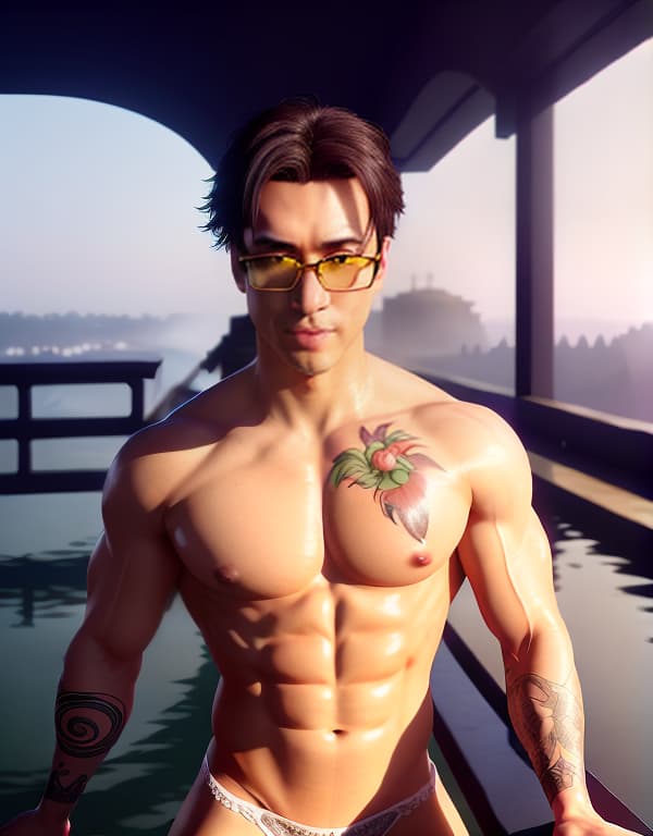  young tattooed  bodybuilders with yellow glasses and white lace socks kissing in a river，gay，Asian，Asiatic，Asian，Asian， portrait, happy colors, bright eyes, clear eyes, warm smile, smooth soft skin，symmetrical, anime wide eyes，big bulge， huge pectorales, naked whole body <lora:360-skybox-environment:1> hyperrealistic, full body, detailed clothing, highly detailed, cinematic lighting, stunningly beautiful, intricate, sharp focus, f/1. 8, 85mm, (centered image composition), (professionally color graded), ((bright soft diffused light)), volumetric fog, trending on instagram, trending on tumblr, HDR 4K, 8K