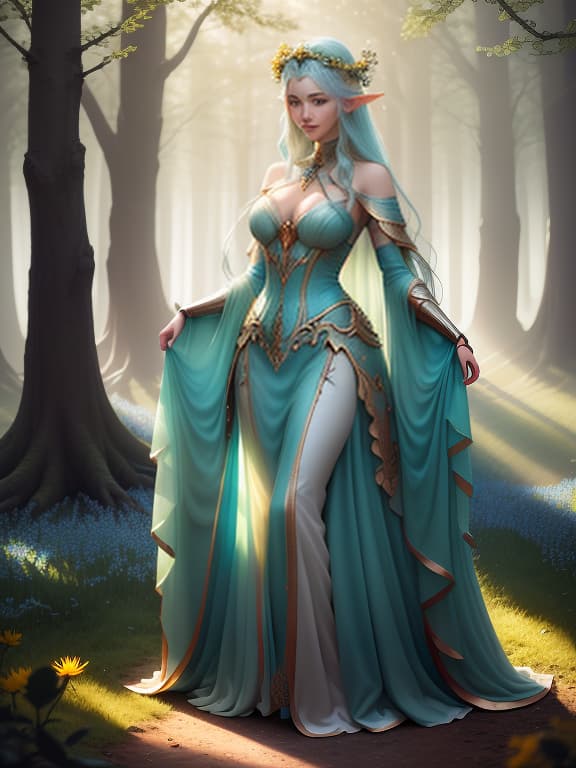  Elven in full length, Translucent turquoise dress, deep neckline, big id, turquoise smiling eyes looking at me, front view, she lifts her dress with her hands so that her are visible, in the golden hour before sunset, an oak grove in the center of which is a picturesque clearing, tall gr in the clearing, yellow dandelions and purple bluebells are scattered randomly in small cers, hight detailed, 4k, Costumes and props, Knolling, Knolling layout, Deconstruction, Highly detailed, Depth, Many parts, Lumen render, 8k hyperrealistic, full body, detailed clothing, highly detailed, cinematic lighting, stunningly beautiful, intricate, sharp focus, f/1. 8, 85mm, (centered image composition), (professionally color graded), ((bright soft diffused light)), volumetric fog, trending on instagram, trending on tumblr, HDR 4K, 8K