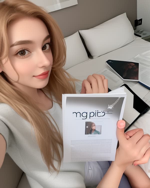  masterpiece, best quality, woman taking selfie in bed with paper that has a text 'kasia