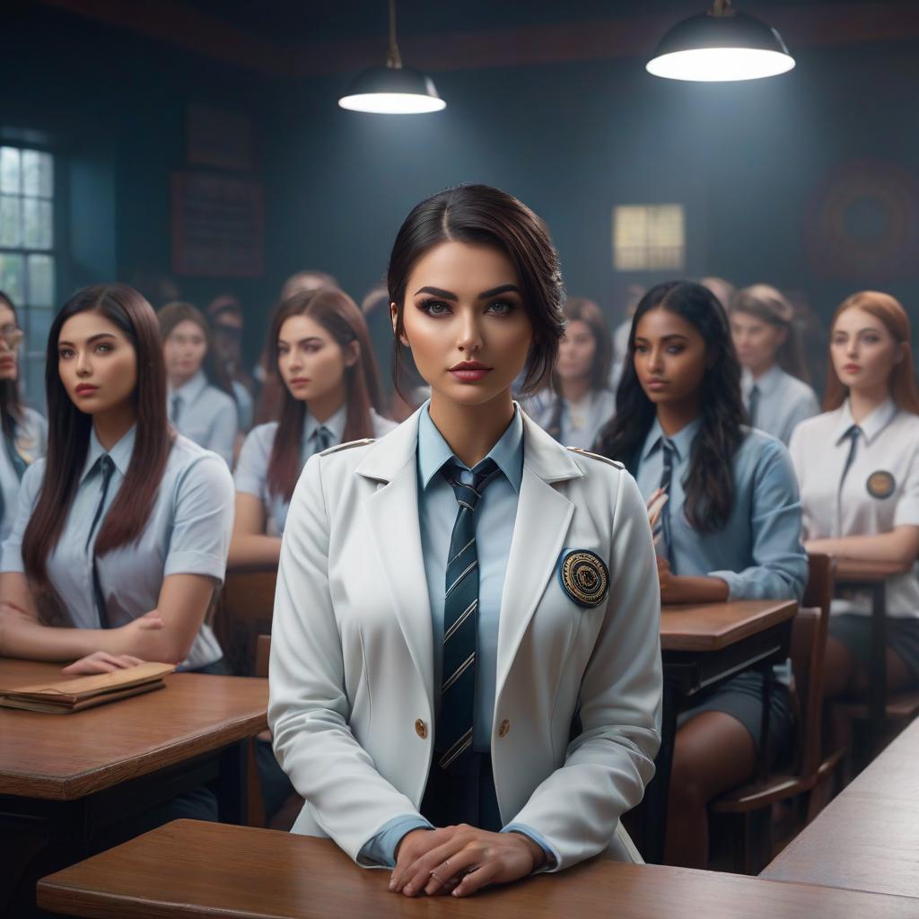  A girl student's school club for hypnosis. hyperrealistic, full body, detailed clothing, highly detailed, cinematic lighting, stunningly beautiful, intricate, sharp focus, f/1. 8, 85mm, (centered image composition), (professionally color graded), ((bright soft diffused light)), volumetric fog, trending on instagram, trending on tumblr, HDR 4K, 8K