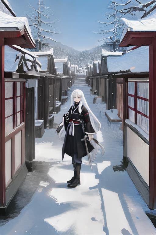  White hair, Japanese style, snow, sword, big, long hair