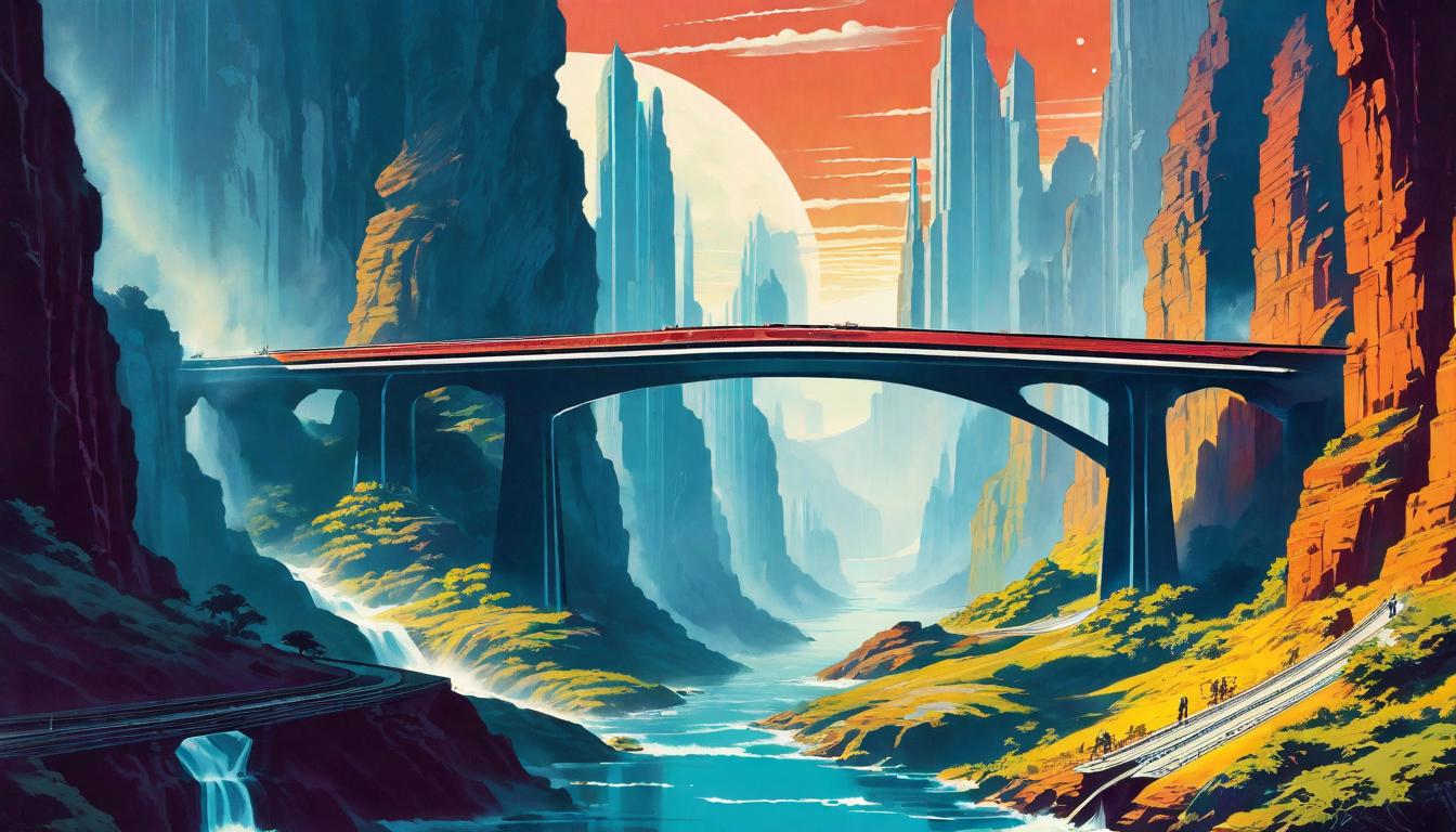  retro futuristic A bridge spanning a chasm, representing the journey's influence on interactions with the world, structure robust and connecting, chasm deep and wide, bridge a pathway of understanding and connection. lvintage sci fi, 50s and 60s style, atomic age, vibrant, highly detailed