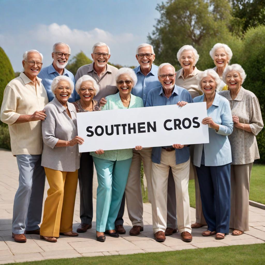  A group of cheerful senior citizens holding a sign that says 'Southern Cross'. Make sure the group is diverse and they look joyful, portraying a sense of unity and community. The image should be suitable for print and digital media, with a clear view of the sign and the seniors' faces. hyperrealistic, full body, detailed clothing, highly detailed, cinematic lighting, stunningly beautiful, intricate, sharp focus, f/1. 8, 85mm, (centered image composition), (professionally color graded), ((bright soft diffused light)), volumetric fog, trending on instagram, trending on tumblr, HDR 4K, 8K