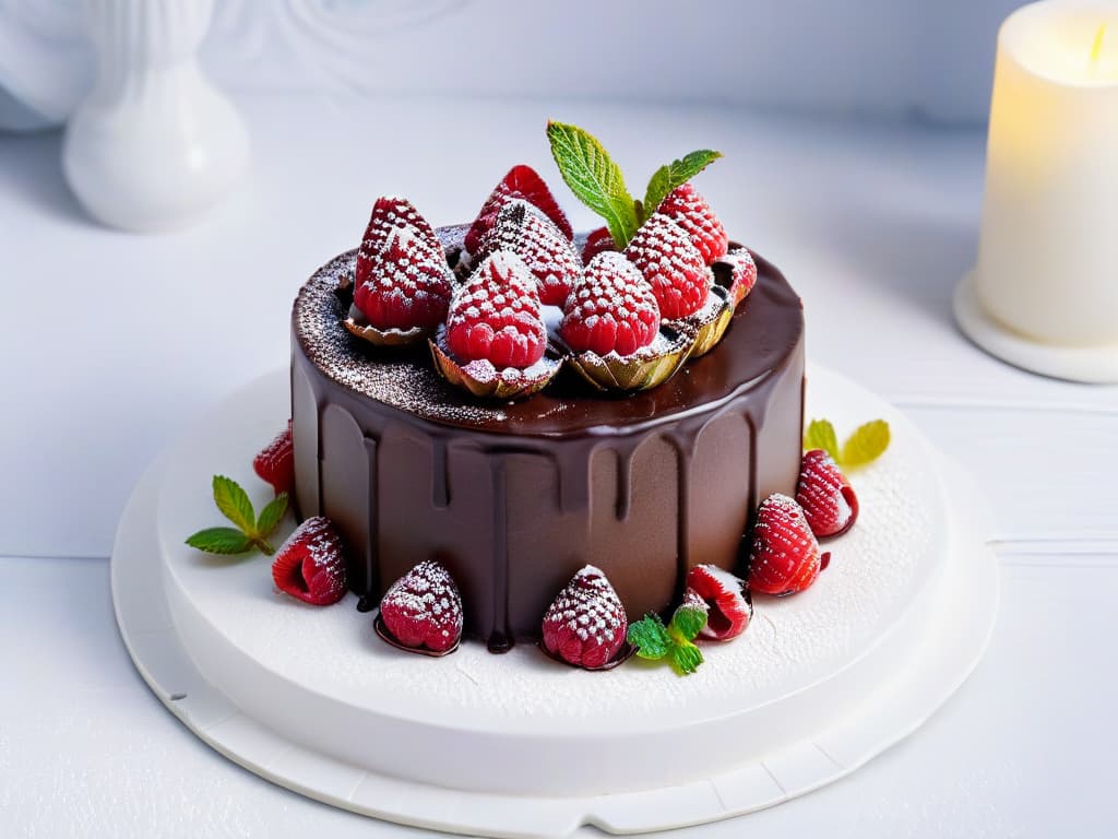  An ultradetailed image showcasing a closeup of a decadent chocolate cake with rich ganache dripping elegantly down the sides, topped with fresh organic raspberries and mint leaves. The cake sits on a sleek, minimalist white porcelain plate against a matte black backdrop, emphasizing the contrast between the vibrant natural colors of the dessert and the sophisticated, modern presentation. The glossy texture of the ganache and the glistening raspberries are so vividly detailed that each individual seed and leaf can be distinguished, inviting the viewer to appreciate the organic ingredients in all their delicious glory. hyperrealistic, full body, detailed clothing, highly detailed, cinematic lighting, stunningly beautiful, intricate, sharp focus, f/1. 8, 85mm, (centered image composition), (professionally color graded), ((bright soft diffused light)), volumetric fog, trending on instagram, trending on tumblr, HDR 4K, 8K