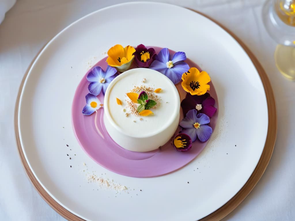  A highresolution, minimalist image of a beautifully decorated, sustainable dessert on a sleek, modern plate. The dessert features intricate details like edible flowers and delicate piping, showcasing the artistry of sustainable baking. The background is a soft, neutral color to emphasize the dessert's vibrant colors and textures, creating a visually striking and elegant composition that aligns with the theme of sustainable pastry art. hyperrealistic, full body, detailed clothing, highly detailed, cinematic lighting, stunningly beautiful, intricate, sharp focus, f/1. 8, 85mm, (centered image composition), (professionally color graded), ((bright soft diffused light)), volumetric fog, trending on instagram, trending on tumblr, HDR 4K, 8K