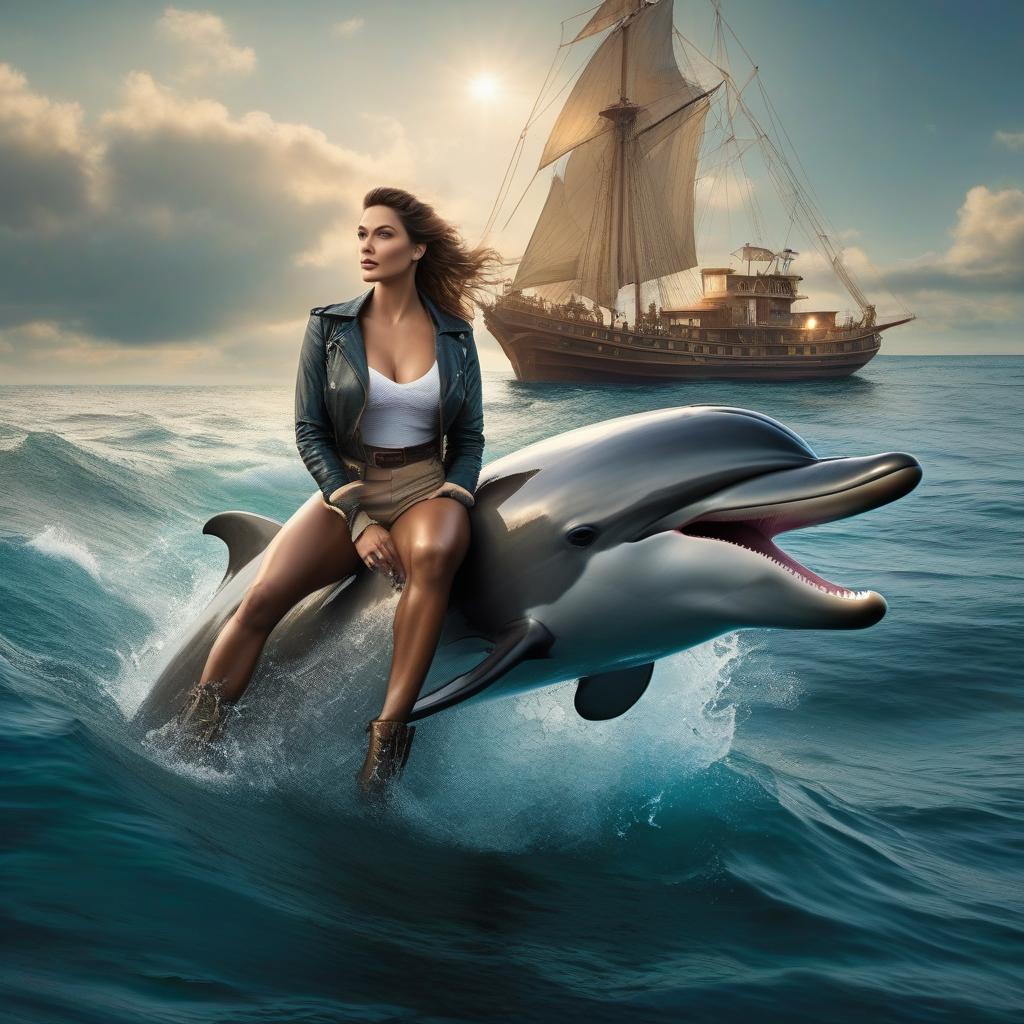  nautical themed A girl rides a dolphin . sea, ocean, ships, maritime, beach, marine life, highly detailed hyperrealistic, full body, detailed clothing, highly detailed, cinematic lighting, stunningly beautiful, intricate, sharp focus, f/1. 8, 85mm, (centered image composition), (professionally color graded), ((bright soft diffused light)), volumetric fog, trending on instagram, trending on tumblr, HDR 4K, 8K