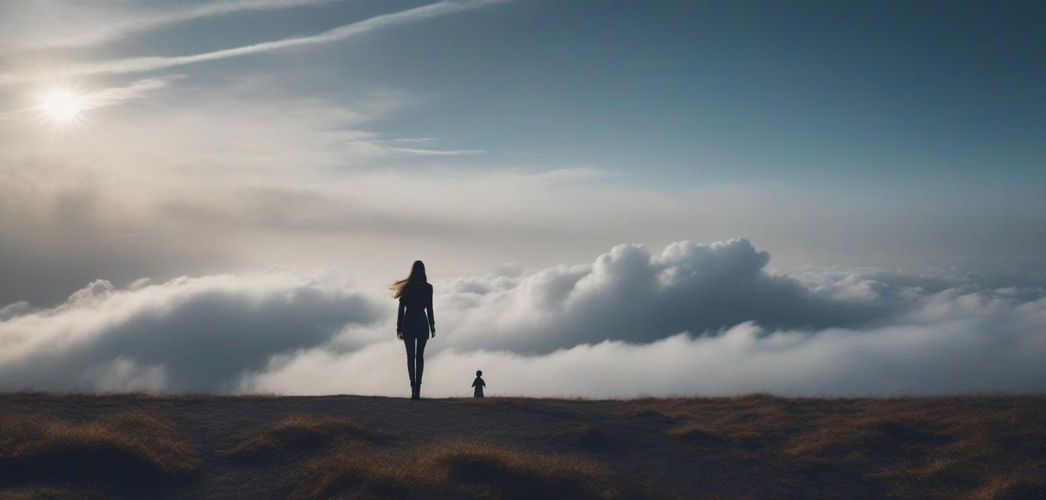  A long haired girl walks towards a man's silhouette among the clouds, reaching out her hand to him. hyperrealistic, full body, detailed clothing, highly detailed, cinematic lighting, stunningly beautiful, intricate, sharp focus, f/1. 8, 85mm, (centered image composition), (professionally color graded), ((bright soft diffused light)), volumetric fog, trending on instagram, trending on tumblr, HDR 4K, 8K