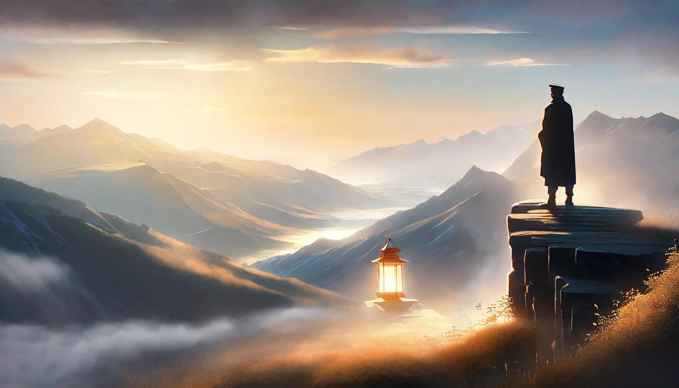  digital illustration A solitary figure standing atop a high peak, gazing at the vast horizon. They hold a lantern that casts a soft light, symbolizing guidance and responsibility. The landscape below is a blend of natural beauty and human achievement, reflective of the role's significance. The mood is introspective yet hopeful, with the style blending elements of romanticism and modern realism looking at viewer, dynamic pose, (intricate details, masterpiece, best quality)