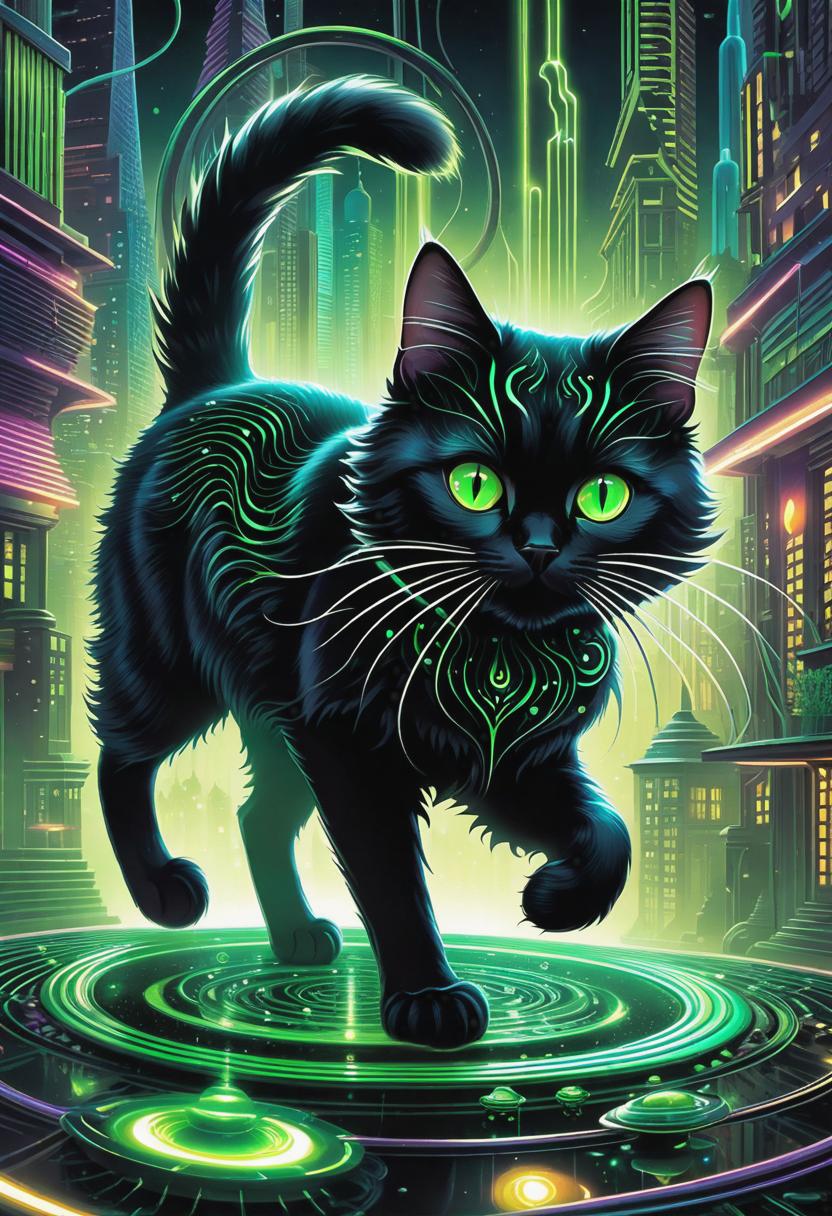  1. A mischievous black cat with glowing green eyes, surrounded by swirling ferrofluid tendrils that form intricate patterns, creating an otherworldly and mysterious atmosphere. The cat leaps gracefully through the air, its sleek fur shimmering with the metallic hues of the ferrofluid, reflecting the neon lights of a futuristic cityscape.

2. A serene scene of a peaceful white cat, its fur imbued with the fluid-like properties of ferrofluid, flowing gracefully like a river. Soft rays of golden sunlight filter through the surrounding trees, casting ethereal reflections on the cat's iridescent coat, creating a tranquil and whimsical ambiance.

3. An intense and dramatic depiction of a fierce tiger, its stripes composed of mesmerizing ferroflui hyperrealistic, full body, detailed clothing, highly detailed, cinematic lighting, stunningly beautiful, intricate, sharp focus, f/1. 8, 85mm, (centered image composition), (professionally color graded), ((bright soft diffused light)), volumetric fog, trending on instagram, trending on tumblr, HDR 4K, 8K